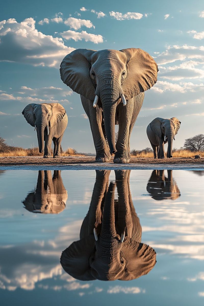 Safari wildlife nature reflection water mirror hole african elephant savannah outdoors animals large mammals tusks habitat wetland serene scene in what appears to be the savanna. Three majestic elephants are visible, each one distinct in its size and position. They are standing on the bank of a water hole, their reflections perfectly mirrored on its surface. The largest elephant is on the left, with two smaller ones positioned towards the center of the image. The backdrop is a clear sky with scattered clouds, providing a beautiful contrast to the earthy tones of the elephants and the water hole. In the background, you can see dry vegetation typical of the savanna. The overall color palette of the photo is dominated by shades of gray, brown, and green, adding to the natural and wild atmosphere of the scene.