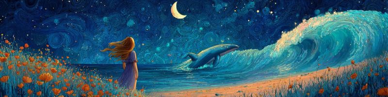 Dauphin nuit ocean vague fille fleurs lune eau fantaisie reve etoile ciel plage mer phare Dans le tableau, une jeune fille aux longs cheveux flottants se tient sur une plage sous un ciel nocturne étoilé. Elle regarde l'océan, où une grande vague s'écrase. La vague est éclairée par la lumière de la lune, qui est haute dans le ciel. Un dauphin saute hors de la vague, son corps scintillant dans la lumière de la lune. La plage est ornée de fleurs orange vives, et l'eau est d'un bleu profond. Le ciel est un mélange de bleus foncés et de violets, avec des étoiles dispersées partout.