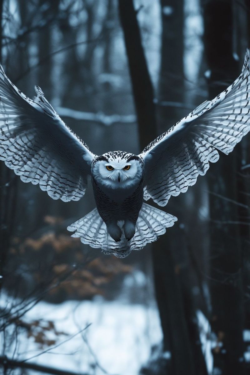 Owl bird prey snowy winter forest nighttime wildlife animal flight raptor nature nocturnal creature wilderne owl in flight, against a forest backdrop. The owl is captured mid-flight, with its wings spread wide and head turned to the side as if looking forward. Its feathers exhibit intricate patterns, typical of many owl species, and it has distinctive large eyes and a heart-shaped face that is characteristic of some owls. The tail appears long and thin, trailing behind the body. The surrounding environment suggests a forest setting with trees and what seems to be a light snowfall or frost on the ground and branches. The colors in the image are muted with shades of gray, brown, and white dominating the palette.