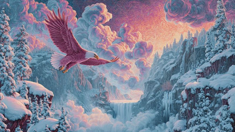 Aigle montagne neige cascade falaise ciel nuages coucher soleil arbres glace rocher nature hiver gel givre froid glacial fraicheur Un aigle majestueux aux plumes roses et blanches vibrantes plane gracieusement dans le ciel. Ses ailes sont largement déployées, capturant l'essence du vol. Le fond présente un paysage dramatique avec des montagnes enneigées et des falaises rocheuses. Le ciel est un mélange de teintes chaudes de coucher de soleil, passant des violets et roses profonds aux bleus plus clairs. Les nuages sont effilochés et tourbillonnent dans un motif fascinant, ajoutant à l'atmosphère éthérée. En dessous, une cascade dévale la montagne, sa brume captant la lumière et créant un effet étincelant. Toute la scène se déroule sur un fond d'hiver, avec des arbres chargés de neige et un sentiment de beauté sereine.