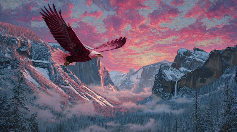 Aigle montagne ciel coucher soleil nature faune oiseau vol vallee nuages foret cascade rocher falaise neige hiver Un aigle chauve majestueux plane gracieusement dans le ciel. Ses ailes sont largement déployées, mettant en valeur sa forme puissante et élégante. L'aigle est positionné devant un arrière-plan de paysage montagneux époustouflant, avec des pics enneigés et des falaises escarpées. Le ciel au-dessus est un mélange à couper le souffle de teintes roses et bleues, indiquant soit un lever de soleil, soit un coucher de soleil. En dessous, les montagnes sont recouvertes de neige, et il y a des taches de verdure et d'arbres. La scène globale est sereine et majestueuse, capturant la beauté de la nature et la liberté du vol.