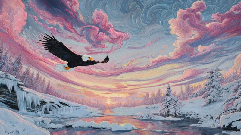 Eagle sky sunset snow water mountain nature wildlife bird flight ice trees clouds winter painting outdoors horizon In the painting, a majestic bald eagle soars gracefully through the sky, its wings spread wide. The eagle's feathers are a mix of dark brown and white, with a striking yellow beak. The sky is a breathtaking blend of pink, orange, and blue hues, with swirling clouds adding depth and texture. Below, a serene winter landscape unfolds, with snow-covered trees and a tranquil river winding through the scene. The river reflects the vibrant colors of the sky, creating a harmonious and picturesque setting. The overall atmosphere is one of tranquility and natural beauty, capturing the essence of a winter sunset.