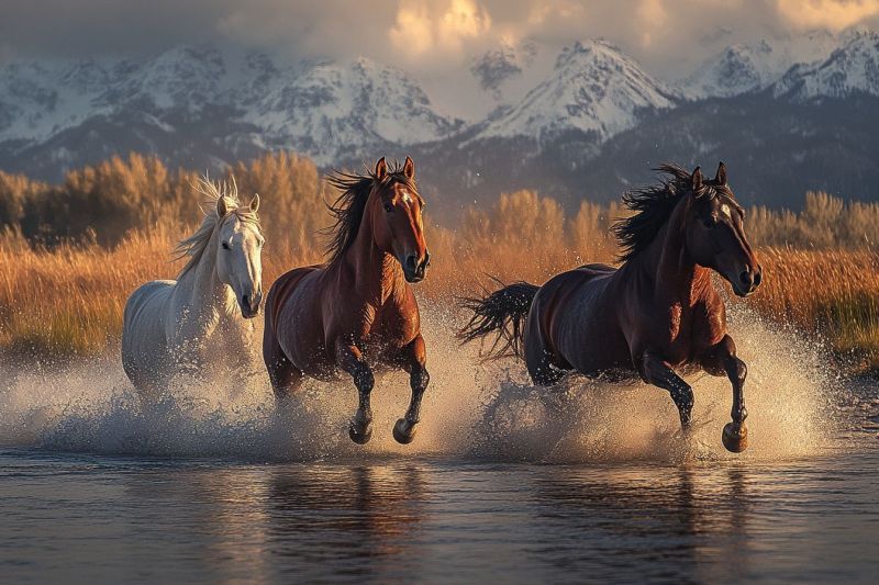 Chevaux faune cheval train courir nature eau coucher soleil montagne air rural calme belle Scénario en plein air avec trois chevaux chestnut couleurs claires à l'abordage courant dans ce qui semble être un petit ruisseau ou un étang. Ils sont capturés au galop, avec l'eau qui splashed au-dessous d'eux, créant une atmosphère de mouvement et d'énergie. Le fond met en scène des paysages montagneux sous le ciel partiellement nuageux. Cette scène est probablement une photographie montrant la beauté de la nature, peut-être utilisée à des fins publicitaires liées au cheval ou aux activités équestres.