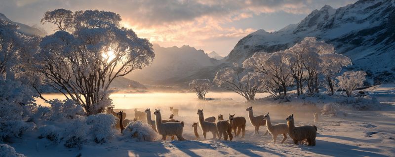 Snow mountain winter sunrise fog tree sky lake animal wildlife nature cold frost ice valley meadow herd grazing pasture In a serene winter landscape, a herd of alpacas stands in a snowy field, their fluffy coats contrasting with the white snow. The alpacas are gathered closely together, facing the same direction, perhaps towards the setting sun. Behind them, several trees, stripped of leaves, stand bare against the sky, their branches dusted with snow. The ground is blanketed in snow, and the air is filled with a soft, golden light from the sun, which is partially obscured by clouds. In the distance, a range of snow-capped mountains forms a majestic backdrop, their peaks catching the last rays of sunlight. The sky is a mix of soft pinks and blues, indicating the time of sunset.