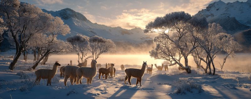 Neige montagne lever soleil faune animal nature air gelee arbre ciel nuage brouillard hiver herbivore mammifere vallee colline rocher glace Dans un paysage hivernal serein, un groupe d'alpaagas se tient dans un champ enneigé, leur fourrure scintillant sous la douce lumière dorée du soleil couchant. Les alpaagas sont de différentes tailles, certains se tenant proches les uns des autres tandis que d'autres sont légèrement écartés. Ils sont entourés d'arbres dénudés recouverts de givre qui projettent de longues ombres sur la neige. En arrière-plan, des montagnes enneigées s'élèvent majestueusement, leurs sommets baignés dans la lumière chaude et mourante du coucher de soleil. Le ciel est un mélange de douces oranges et de roses, créant une scène tranquille et pittoresque.