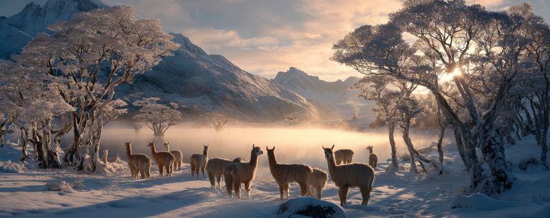 Neige montagne faune animal nature air hiver arbre soleil brouillard colline nuage ciel vallee rocher chemin sentier ombre groupe Dans un paysage hivernal serein, un groupe d'alpaagas se tient dans un champ enneigé. Les alpaagas sont de tailles variées, certains paraissant plus grands et d'autres plus petits. Ils sont tous orientés dans la même direction, peut-être vers le soleil couchant. Le sol est recouvert de neige, et les arbres autour d'eux sont dénudés, leurs branches saupoudrées de neige. En arrière-plan, il y a des montagnes partiellement couvertes de neige, et le ciel est un mélange de teintes orange et roses, indiquant le coucher du soleil. La scène globale est paisible et pittoresque, avec les alpaagas se tenant calmement dans l'environnement enneigé.