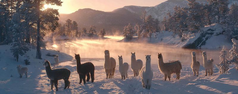 Neige montagne faune animal hiver riviere brouillard lever soleil arbre ciel colline rocher eau nuage vallee foret prairie rocheux Dans un paysage hivernal serein, un groupe d'alpaagas se tient dans un champ enneigé. Les alpaagas sont de diverses couleurs, notamment blanc, noir et gris, et ils font face à la caméra, paraissant calmes et satisfaits. Derrière eux, une rivière tranquille avec une douce brume s'élevant de sa surface reflète les teintes chaudes et dorées du soleil couchant. La rive est bordée d'arbres, dont certains sont dénudés, tandis que d'autres conservent encore leurs feuilles, tous saupoudrés de neige. Au loin, des montagnes majestueuses sont en silhouette contre le ciel, leurs sommets saupoudrés de neige, créant une scène pittoresque et paisible.