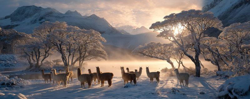 Snow mountain wildlife animal nature outdoors winter sunrise tree fog valley hill sky cloud sun shadow river ice In a serene winter landscape, a group of alpacas stands in a snowy field. The alpacas are of varying sizes, some standing close together while others are slightly apart. They are surrounded by bare trees dusted with snow, and the ground is blanketed in white. In the background, snow-capped mountains rise majestically, their peaks catching the soft light of the setting sun. The sky is a mix of warm orange and cool blue hues, indicating the time of day is either sunrise or sunset. The overall scene is peaceful and picturesque, with the alpacas appearing calm and content in their snowy environment.