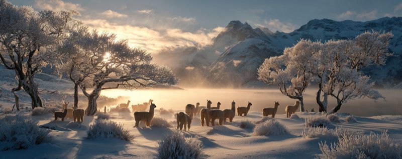 Snow mountain wildlife animal nature winter tree sky cloud sunlight frost fog hill valley meadow grass herbivore mammal camelid In a serene winter landscape, a herd of alpacas stands in a snowy field, their fluffy coats contrasting with the white snow. The alpacas are gathered closely together, some facing the camera while others look towards the horizon. Surrounding them are bare trees, their branches dusted with snow, creating a delicate, wintry scene. In the background, a mountain range is partially obscured by a light fog, with the sun peeking through the clouds, casting a warm, golden light over the entire scene. The sky is a mix of soft blues and whites, indicating a peaceful, cold day.