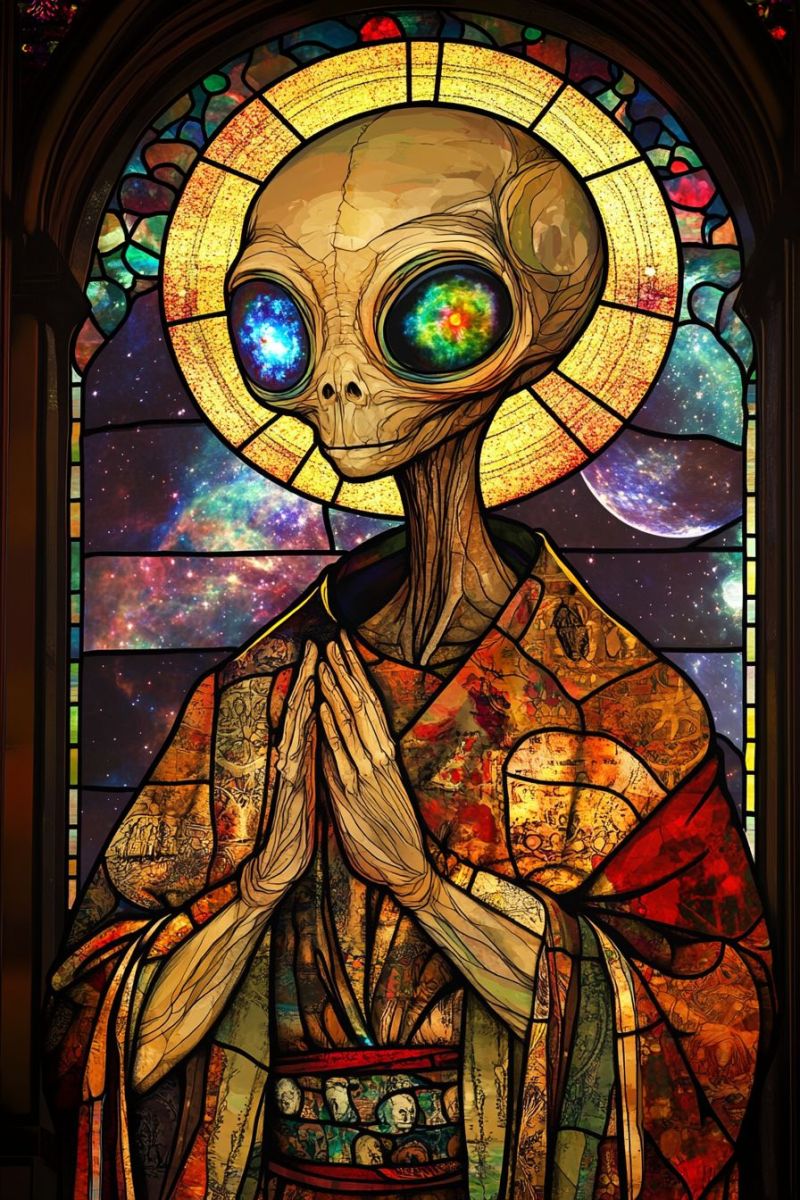 Alien verre religieux representant extraterrestre thematisant espace oeuvre science fiction teintee sculpture iconographie chretienne reli Alien verre religieux representant extraterrestre thematisant espace oeuvre science fiction teintee sculpture iconographie chretienne reli