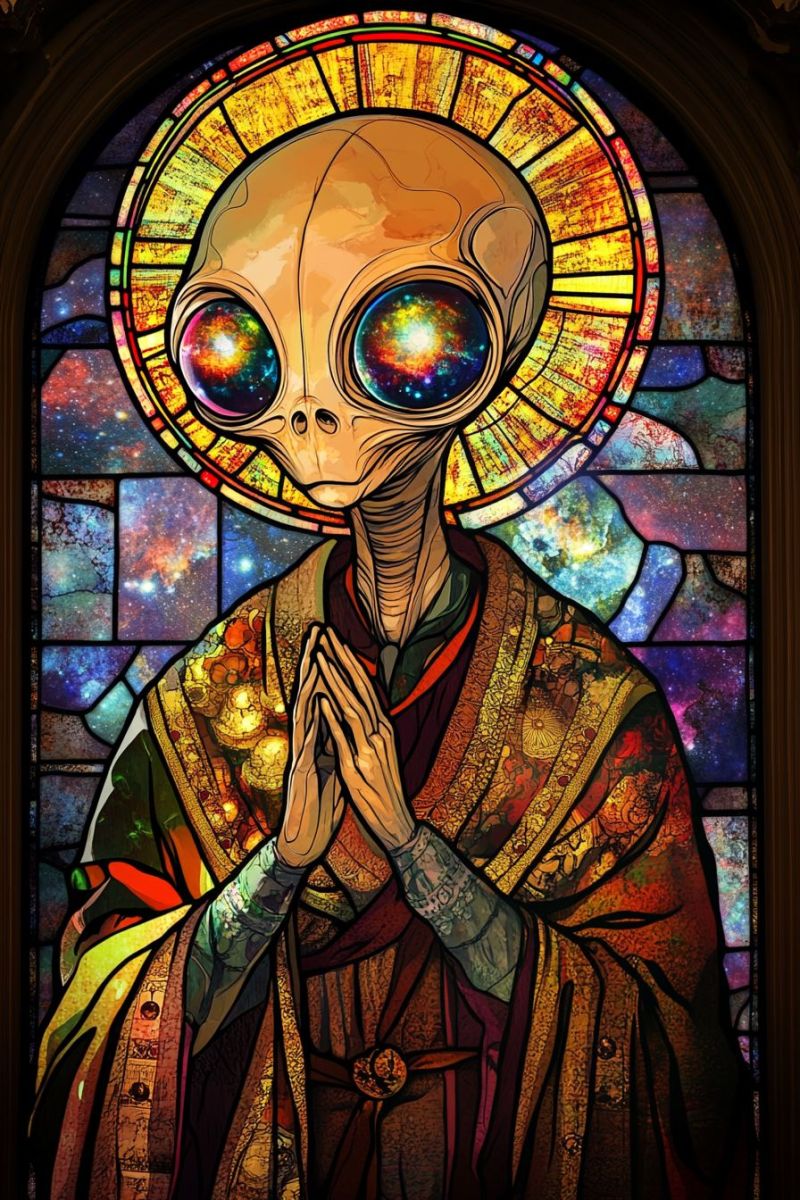 Alien stained glass window religious science fiction christian iconography such stigmata humorous whimsical portrayal stained glass window with a central figure resembling an alien wearing goggles. The alien is shown in profile, looking to the right, and has a small antenna protruding from its head. It appears to be made of transparent material, allowing the colors of the background to pass through and create a vibrant pattern around it. Above the alien, there's a traditional stained glass representation of an eye, which is often associated with divine wisdom or surveillance in religious art. This eye is intricate and detailed, with rays emanating from it and filling the upper part of the window with light. The background features a colorful space scene, suggesting a celestial theme. The colors are rich and varied, with blues, purples, yellows, and oranges creating a cosmic ambiance. To the right of the alien, there is an image of a religious figure—a pope—recognizable by his distinctive hat and robes. This figure is depicted in a more realistic style compared to the whimsical representation of the alien. The window has multiple panes with intricate details that contribute to the overall theme and artistic quality of the stained glass. The window frame appears to be made of wood, and there are reflections visible on its surface, suggesting that the window is backlit by a light source.