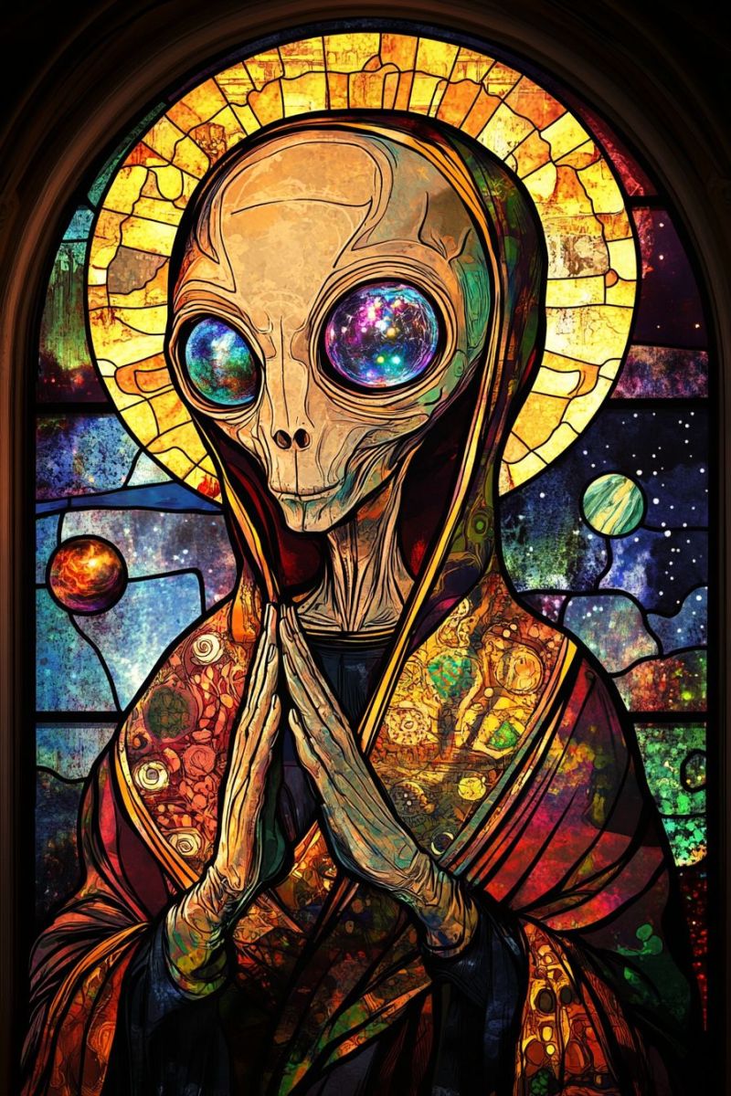 Alien stained glass religious pop culture reference sci space humorous mixed Alien stained glass religious pop culture reference sci space humorous mixed