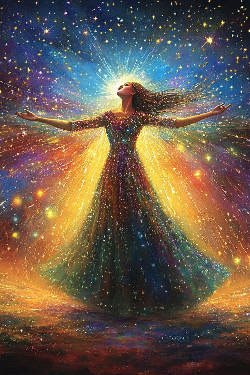 Woman dress stars sky night heaven universe cosmic celestial galaxy astral dreamy ethereal mystical fantasy painting outer space The painting depicts a woman standing with her arms outstretched, her head tilted back, and her eyes closed, as if in a state of deep meditation or spiritual transcendence. She is surrounded by a vibrant, swirling background of stars and cosmic colors, including shades of blue, purple, yellow, and orange. The stars seem to radiate from her body, creating a halo effect. Her flowing dress is adorned with sparkling particles that mimic the starry sky, giving the impression of a celestial being. The overall atmosphere is mystical and otherworldly, suggesting themes of enlightenment, unity with the universe, and spiritual awakening.