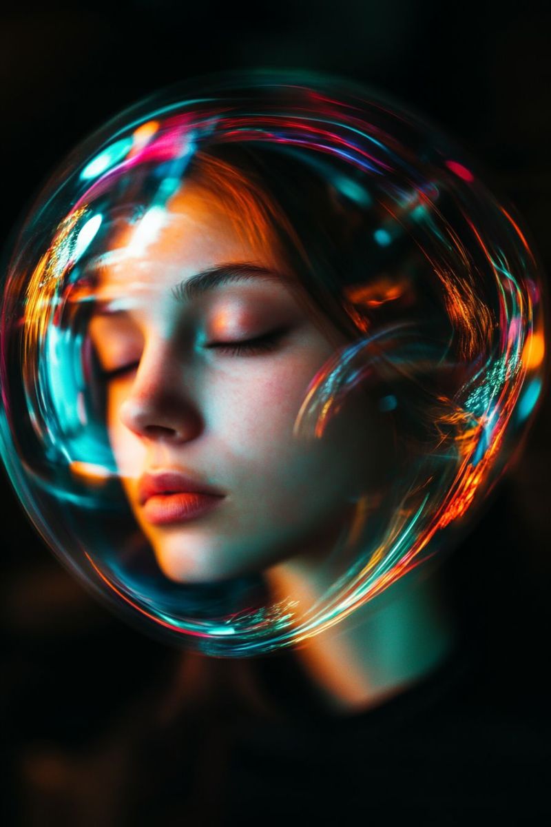 Woman sleeping dream bubble reflection night dark beauty colorful glow fantasy imagination dreamy ethereal A woman with closed eyes and a serene expression is inside a large, colorful bubble. The bubble is filled with vibrant, swirling lights in shades of blue, pink, and yellow. Her face is partially illuminated by the lights, casting a soft glow on her skin. Her hair is styled in loose waves, and she is wearing a dark top. The background is dark, emphasizing the bubble and the woman's face.