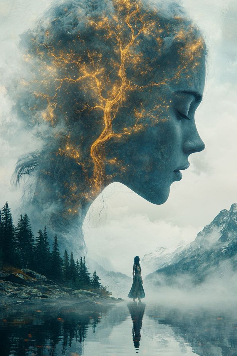 Fantasy female mystical surreal nature mysticism forested emotional portraiture stylized and surreal portrait of a person's head with their eyes closed, seemingly floating above the ground or water. The face appears serene with closed eyes. The background features a tranquil landscape with trees and mountains under a cloudy sky. There is also a small body of water visible in the bottom right corner. Overlaying the image are two contrasting color schemes: one is cool, predominantly blues and greens, with a hint of white and grey; the other is warm, featuring oranges and yellows. The overall atmosphere of the image suggests a blend of nature and fantasy elements, possibly symbolizing peace, reflection, or environmental consciousness.