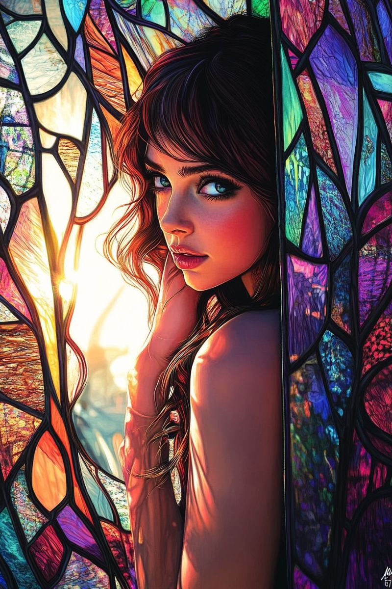 Stained glass woman colorful mural window rendering intricate designs fantasy female beauty poster You are a person, captured in a portrait. Your head is adorned with a crown-like accessory made of leaves or petals, adding an element of nature to your attire. The base appears to be round and golden, providing a stark contrast to the green hues of the leafy elements. Your hair is styled down and parted to one side, cascading over your shoulder. You have facial features that are typical of many humans, including eyebrows, eyes, nose, and lips. Your skin tone is fair, and you appear to be wearing makeup that highlights your natural beauty. You are wearing a garment with a draped style, reminiscent of ancient Roman attire. The fabric has a reflective quality, suggesting it could be made of a shiny material like silk or satin. The color of the dress is a light beige or cream, which complements the golden crown and the leafy elements atop your head. The background is neutral and out of focus, allowing you to be the primary subject of this image. There's no text present in the image. The overall style of the photograph suggests it might be used for fashion or editorial purposes.