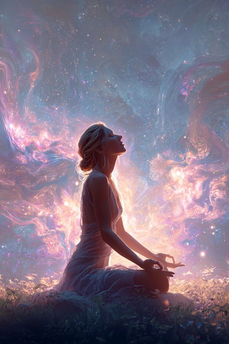 Meditation femme yoga cosmos espace galaxie univers cosmique reveur fantaisie aura energie etoile nuit ciel Une femme est assise les jambes croisées sur un champ d'herbe, les yeux fermés et les mains dans une pose méditative. Elle porte une robe blanche fluide qui se fond avec la douce lumière éclatante autour d'elle. L'arrière-plan est une galaxie vibrante et tourbillonnante de couleurs, principalement roses et bleues, avec des étoiles et des nébuleuses dispersées partout. La scène évoque un sentiment de tranquillité et de connexion cosmique.