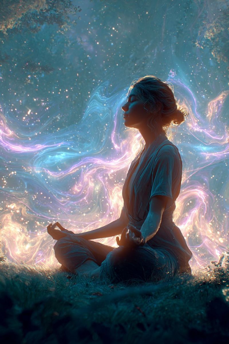 Meditation yoga woman grass night sky star cloud space galaxy universe cosmos starry dreamy ethereal fantasy A woman sits cross-legged on a grassy field, her eyes closed in a meditative pose. She wears a loose, sleeveless top. Behind her, a surreal back features swirling, vibrant colors of blue, purple, and pink, resembling a cosmic or abstract art piece. The background is dotted with stars and has a dreamy, ethereal quality, suggesting a connection to the universe or a spiritual experience. The overall atmosphere is serene and introspective.