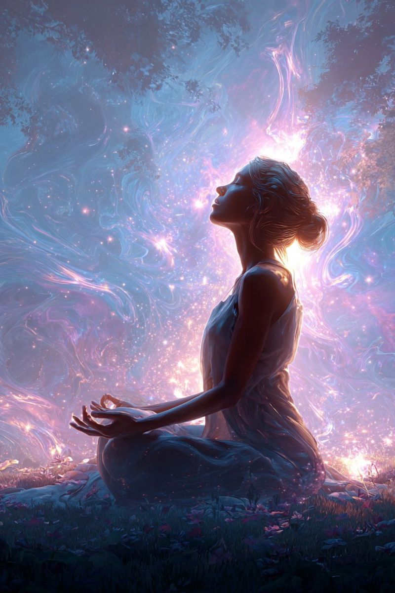 Meditation woman yoga nature spirituality zen mindfulness peace calm relaxation contemplation harmony tranquility self reflection balance wellness inn A woman sits cross-legged on a grassy field, her eyes closed, and her hands in a meditative pose. She wears a flowing white dress that billows slightly in the breeze. Behind her, the sky is a blend of deep blues and purples, swirling with ethereal, glowing patterns that resemble a nebula. The background is filled with soft, glowing lights and abstract shapes, creating a mystical and serene atmosphere. The grass is lush and green, with scattered flowers adding a touch of color. The overall scene evokes a sense of tranquility and spiritual connection.