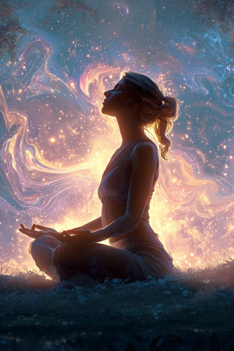 Meditation yoga woman night sky stars galaxy universe cosmos space glow fireworks explosion painting fantasy dream A woman sits cross-legged on a grassy field, her head tilted upward, eyes closed, and hands in a meditative pose. She wears a sleeveless top, and her hair is tied back. Behind her, a vibrant, swirling background of blue, yellow, and orange hues resembles a cosmic or abstract art piece. The background features a mix of swirling patterns and scattered stars, creating a mystical and ethereal atmosphere.
