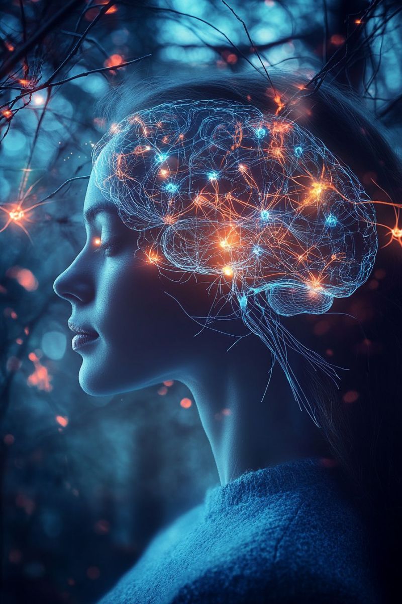 Brain neurons nerves nervous system nerve impulses cells fibers endings pathways signals transmission conduction stimulation damage repair regeneratio A woman's profile is shown with her eyes closed, her face illuminated by a soft, glowing light. Her hair is long and dark, cascading down her back. Above her head, a translucent, glowing brain is depicted, with intricate neural pathways and glowing nodes, suggesting a focus on mental activity or consciousness. The brain is surrounded by a network of glowing lines, possibly representing neural connections. The background is dark, with faint, glowing branches and leaves, creating a mystical and ethereal atmosphere.