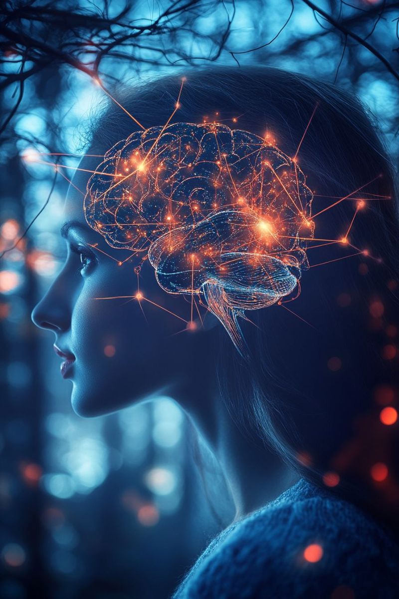 Brain neurons nerves nervous system nerve impulses cells fibers endings pathways signals transmission conduction stimulation damage repair regeneratio A woman's profile is shown with a glowing brain superimposed over her head. The brain is depicted in a network of glowing lines and dots, suggesting neural activity. The brain is a mix of blue and orange colors, with the orange parts glowing more brightly. The woman's face is illuminated by the light from the brain, and her eyes are closed. The background is dark, with a forest-like setting, and there are faint, glowing dots scattered around, possibly representing stars or other celestial bodies.
