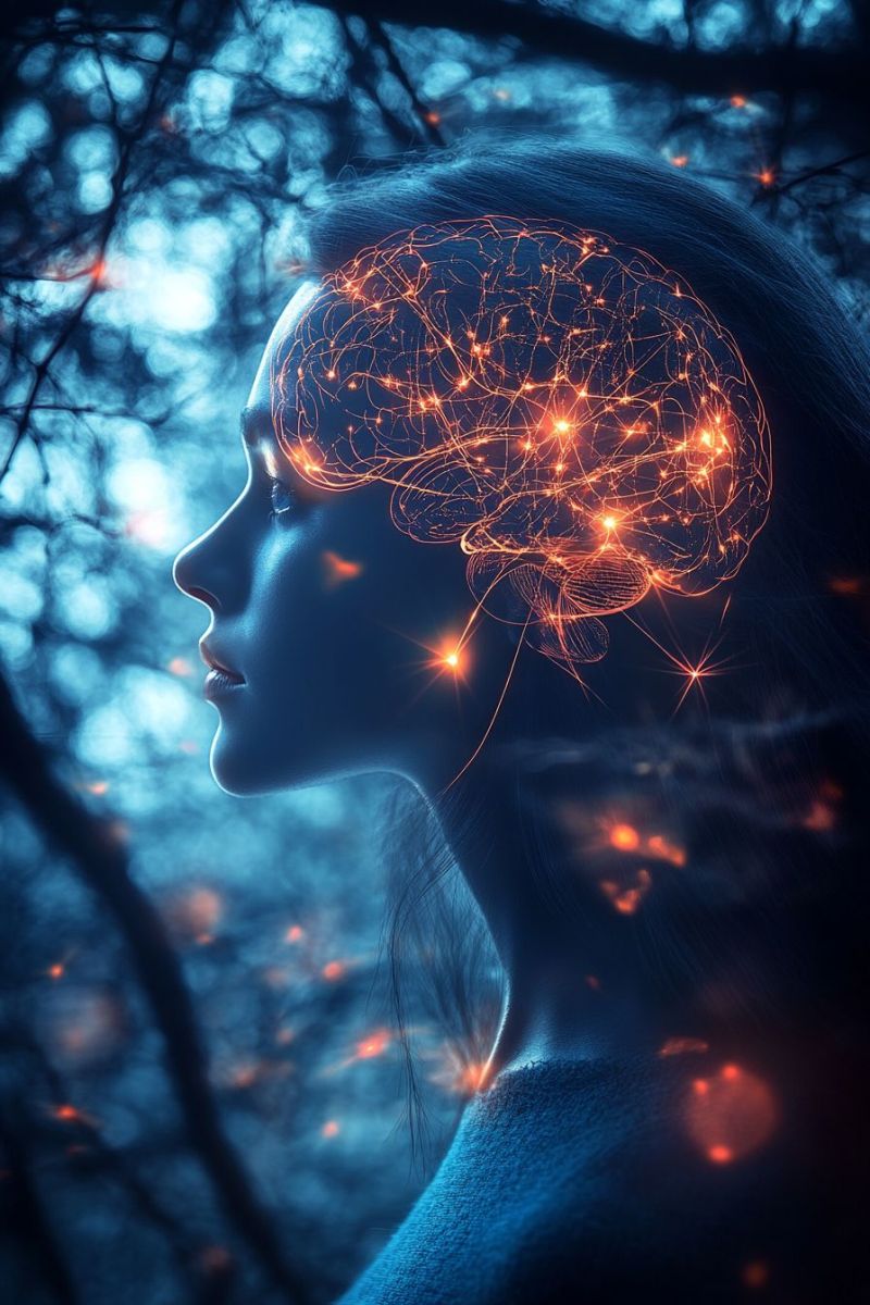 Brain neurons nerves nervous system nerve impulses cells fibers endings pathways signals transmission conduction stimulation damage repair regeneratio woman's profile against a dark, possibly nighttime background. Her face is illuminated by a glowing, intricate network of lines that resemble a brain, with the brain's structure highlighted in a bright, fiery orange color. The brain appears to be emitting light, with some parts glowing more intensely than others. The woman's hair is long and dark, flowing down her back. The background is a deep blue, with faint, glowing lights that could be stars or other celestial bodies. The overall effect is surreal and dreamlike, with the brain's glow creating a sense of mystery and intrigue.