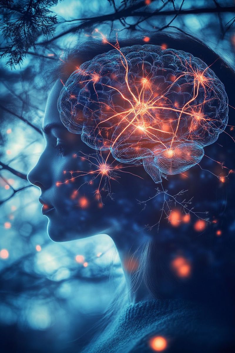 Brain neurons nerves nerve impulses cells endings fibers pathways signals transmission network connections activity stimulation response function heal woman's profile with her head superimposed over a glowing, semi-transparent brain. The brain is depicted in a blue and orange color scheme, with intricate neural pathways and nodes highlighted in orange. The brain is surrounded by a network of glowing lines, suggesting neural activity. The background is a dark blue, with faint, glowing dots that resemble stars or neurons, adding to the brain's ethereal appearance. The woman's face is serene, with her eyes closed, and her hair flows gently, blending with the brain's structure. The overall effect is a blend of scientific illustration and artistic interpretation, emphasizing the complexity and beauty of the human brain.