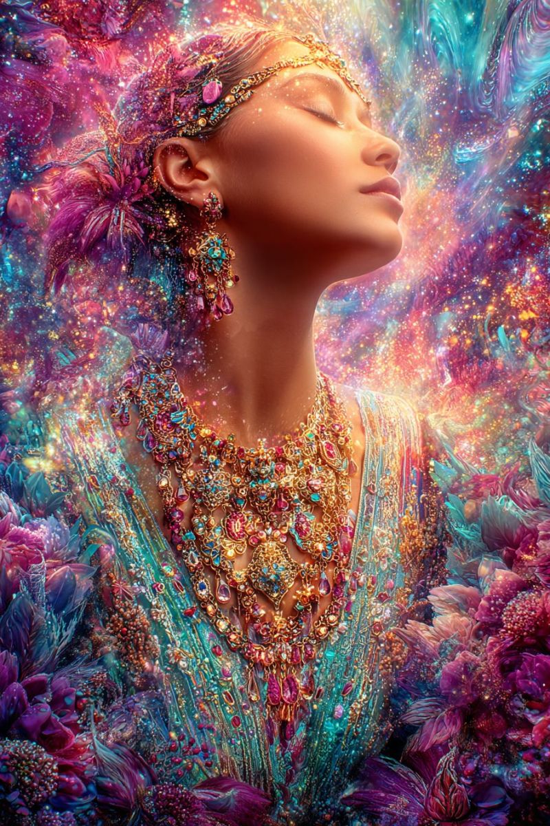Femme bijoux collier boucles oreilles coiffure fantaisie elegance luxe beaute onirique surrealisme inspiration yeux fermes Une femme les yeux fermés, parée d'une robe multicolore vibrante aux motifs complexes. Elle porte une coiffe dorée avec des plumes et des bijoux, et ses cheveux sont coiffés avec un mélange de plumes roses et bleues. Elle a de grandes boucles d'oreilles ornées et un collier avec des pierres précieuses colorées. Le fond est un mélange tourbillonnant de teintes violettes, bleues et roses, avec des formes et des motifs abstraits.