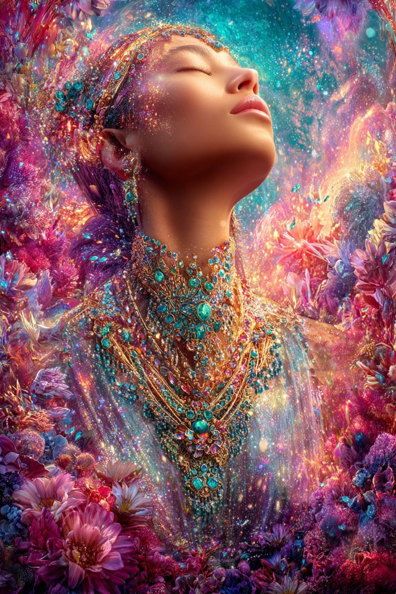 Femme bijoux collier boucles oreilles bandeau fleurs rose bleu vert rouge violet jaune argent cristaux pierres precieuses etincelles paillettes fantai Une femme les yeux fermés se tient devant un arrière-plan floral vibrant et coloré. Elle porte une coiffe dorée ornée de pierres turquoise et vertes, et un collier assorti avec de grandes pierres turquoise et vertes. Sa robe est un tissu fluide et scintillant avec des motifs complexes. L'arrière-plan est un mélange de fleurs roses, violettes et bleues, avec une qualité éthérée et étincelante. L'effet global est magique et irréel.