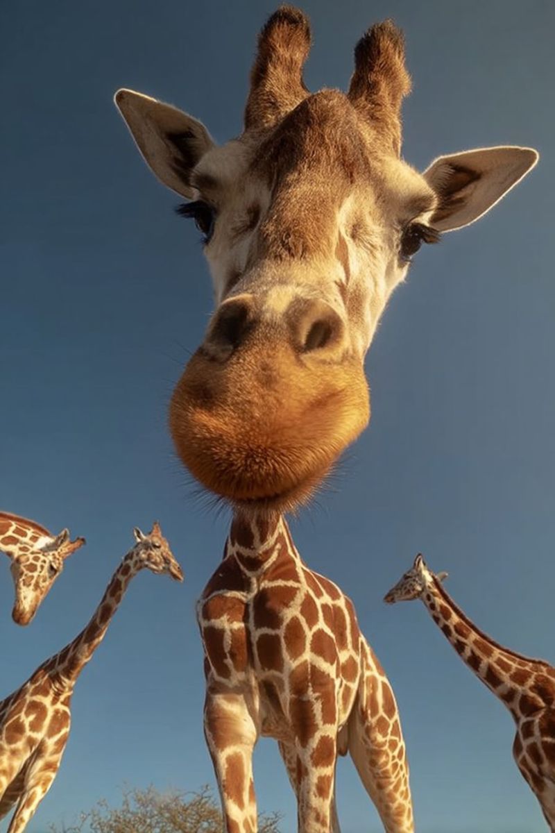 Girafe faune animal nature mammifere safari herbivore grand tachete brun tete gros oeil oreille fourrure soleil ciel Un groupe de girafes se tient dans une zone ouverte sous un ciel bleu clair. La girafe au premier plan a un nez brun particulièrement grand et regarde directement la caméra, donnant l'impression d'une expression espiègle ou curieuse. Derrière cette girafe, il y a trois autres girafes, chacune avec la tête tournée dans des directions différentes, suggérant qu'elles observent quelque chose ou sont dans un état de détente. Les girafes ont leurs cou longs caractéristiques et des robes tachées, avec des taches de tailles et de formes variées. Le fond est principalement dégagé, avec une végétation clairsemée visible.