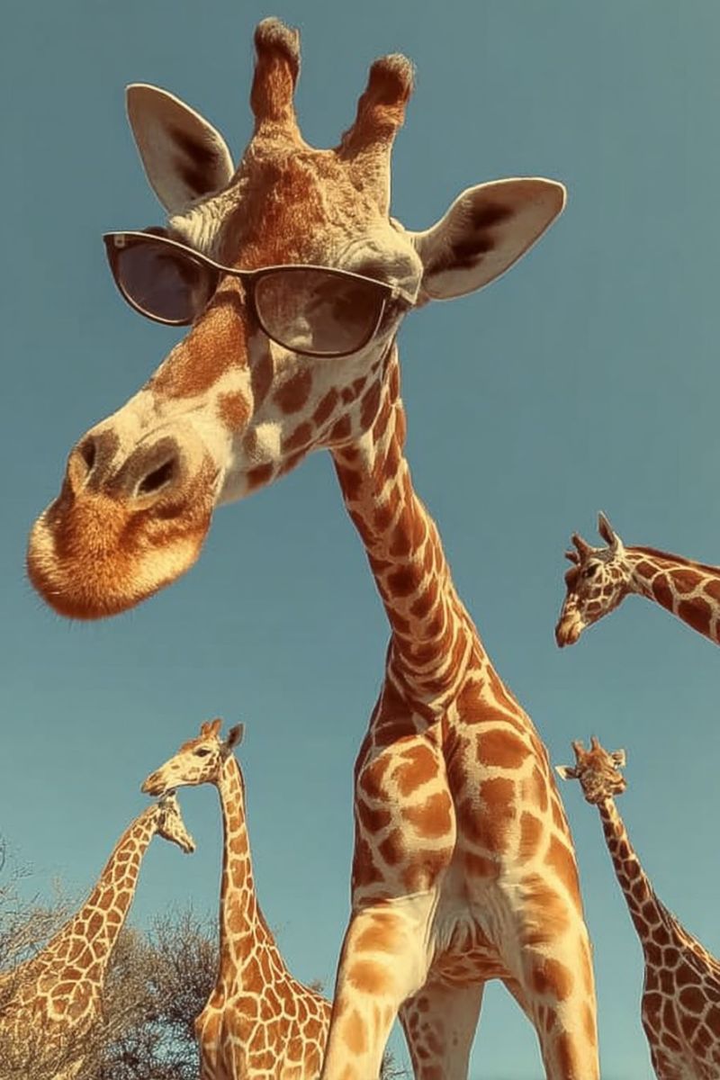 Girafe faune animal nature safari air lunettes soleil drole humour tete oeil oreille cou jambe queue groupe Une girafe avec des lunettes de soleil se tient en évidence au premier plan. La girafe a un pelage brun et beige avec des taches brunes distinctives. Sa tête est légèrement inclinée vers la gauche, et elle semble regarder directement la caméra. Derrière cette girafe centrale, il y a plusieurs autres girafes, chacune avec leurs têtes tournées dans des directions différentes, créant une scène dynamique et vivante. Le fond est un ciel bleu clair, et il y a quelques arbres et arbustes visibles au loin.