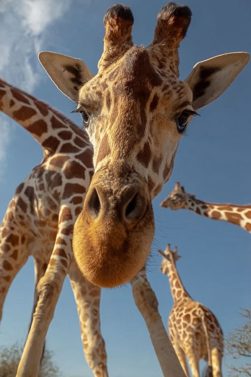 Giraffe wildlife animal nature safari mammal herbivore tall spotted head eye ear leg neck sunlight outdoors group herd a giraffe stands prominently in the foreground, its head tilted slightly upwards, and its nose close to the camera, creating a unique perspective. The giraffe's face is detailed with a brown nose, large expressive eyes, and a pattern of brown spots on its skin. Behind this giraffe, another giraffe is partially visible, with its head and neck extending into the frame. Further back, another giraffe is seen, its head and neck also visible, contributing to a sense of depth and movement. The background is a clear blue sky with a few scattered clouds, and the overall scene is set in a natural, open environment.