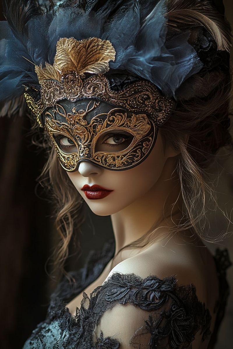 Masque masquerade costume elegance glamour visage mode mystere theatre dramatique romantique erotique revelation genre L'œuvre d'art en verre coloré représente deux figures. Une figure apparaît comme une femme aux cheveux longs et flottants, regardant le ciel et fixant la lune. L'autre figure est un homme au barbe, regardant également vers le haut pour la lune. Il a ouvert la bouche comme s'il venait de prononcer une phrase ou peut-être il lui donne un baiser sur la joue. Le verre coloré à la fenêtre est coloré et détaillé, présentant un fond bleu avec diverses formes et motifs qui remplissent l'espace autour des figures. La femme tient quelque chose de semblable à un livre, ce qui suggère qu'il pourrait être un objet ou un symbole important dans le contexte de l'œuvre. Il n'y a aucune texte visible dans l'image. Le style de l'art est réaliste avec une touche de fantasy ou de surréalisme en raison du fond stylisé et de la qualité éthérée des expressions et des cheveux des figures.