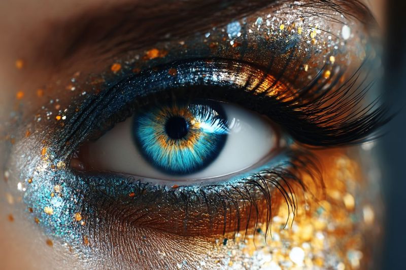 Eye glamour glitter eyelashes eyeliner eyebrows shot makeup shadow eyelash extensions tutorial ideas look tips products trends inspiration techniques A close-up of a human eye with striking blue iris and a hint of yellow. The eyelashes are long and dark, and the eye is surrounded by a mix of blue, gold, and orange glitter. The skin around the eye is slightly tanned, and the eye itself appears slightly wet, possibly from tears or makeup. The overall effect is dramatic and eye-catching.