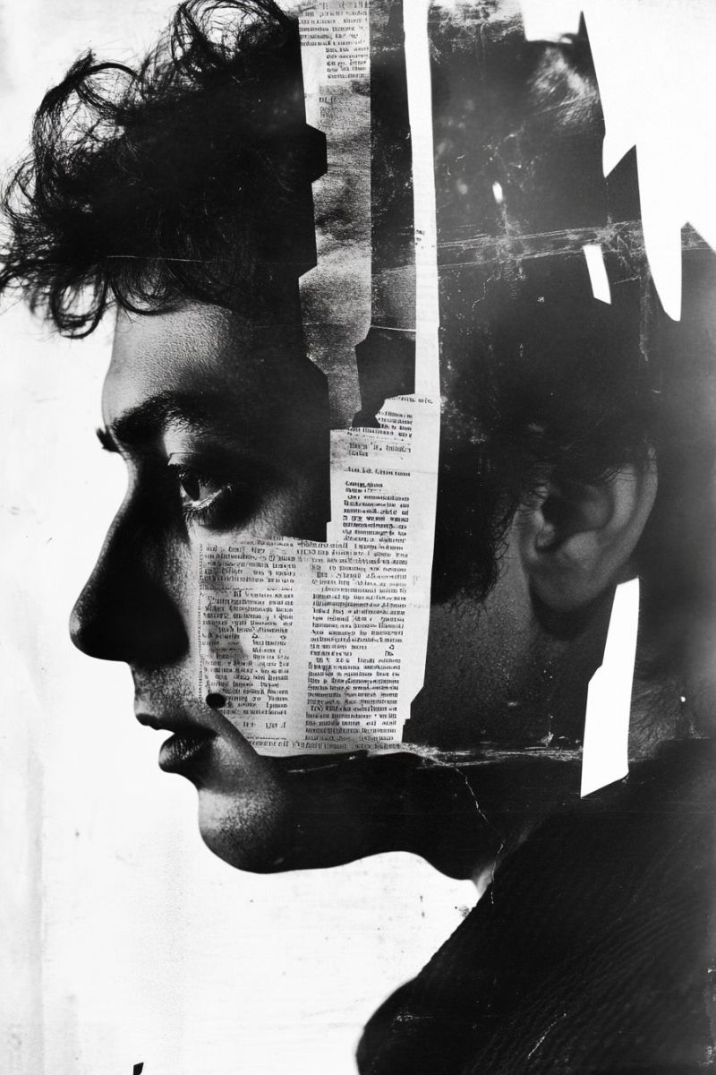 Homme visage papier collage creatif expression emotion texture oeuvre design visuel composition Un portrait en noir et blanc du visage d'un homme avec un découpage de journal couvrant une partie de son visage. Le découpage de journal comporte du texte et des images. Le visage de l'homme est légèrement tourné sur le côté, et ses cheveux sont ébouriffés. L'arrière-plan est flou, et il semble qu'il y ait une source de lumière venant de la droite.