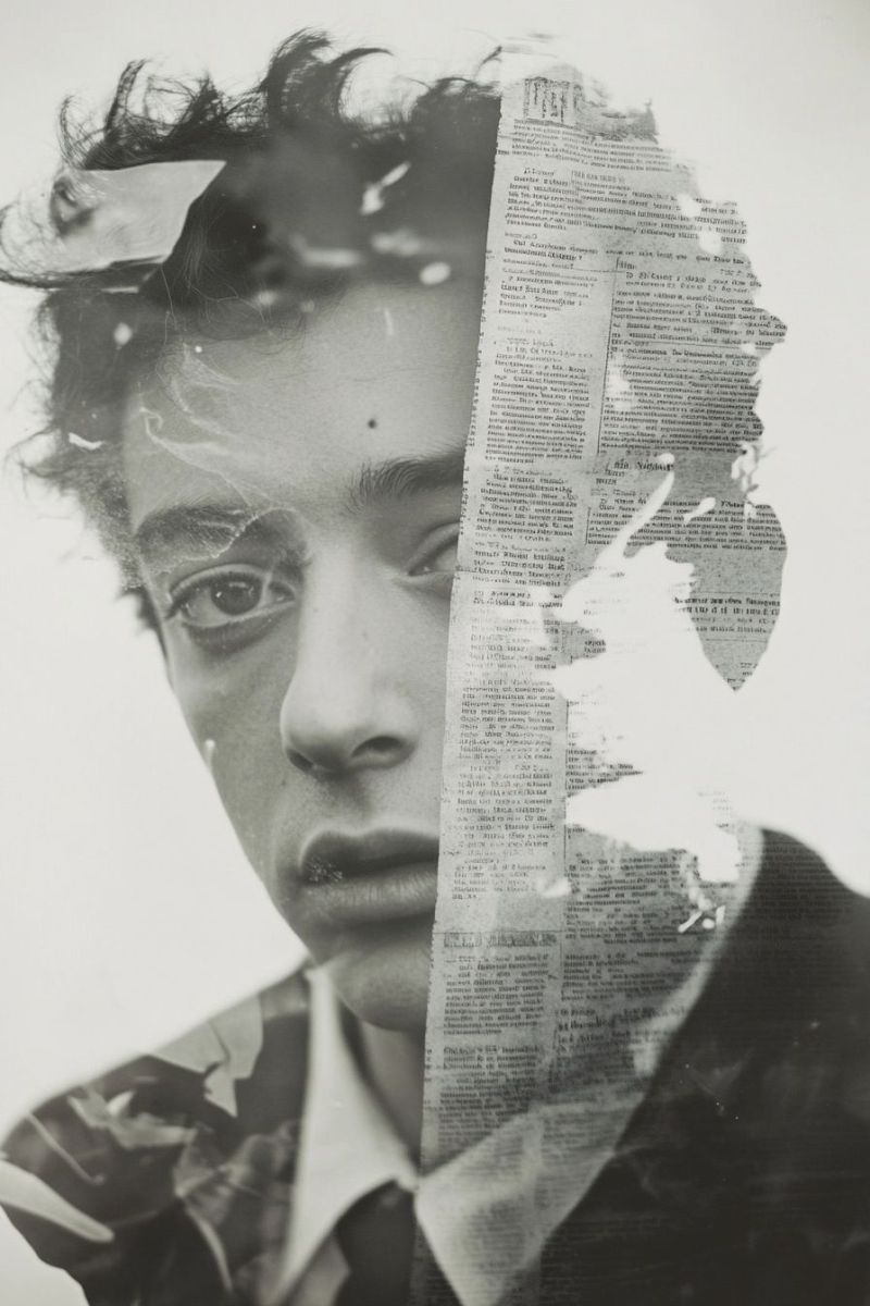 Man head newspaper paper journalism information reading news headline headlines article articles young man's face with a newspaper overlay. The newspaper is placed over the man's face, partially obscuring his features. The man's eyes are visible, and he appears to be looking directly at the camera. The newspaper has text and images, but they are not clearly legible due to the overlay. The man's hair is styled in a way that resembles a mohawk, and he is wearing a shirt and tie. The overall effect is surreal and artistic.