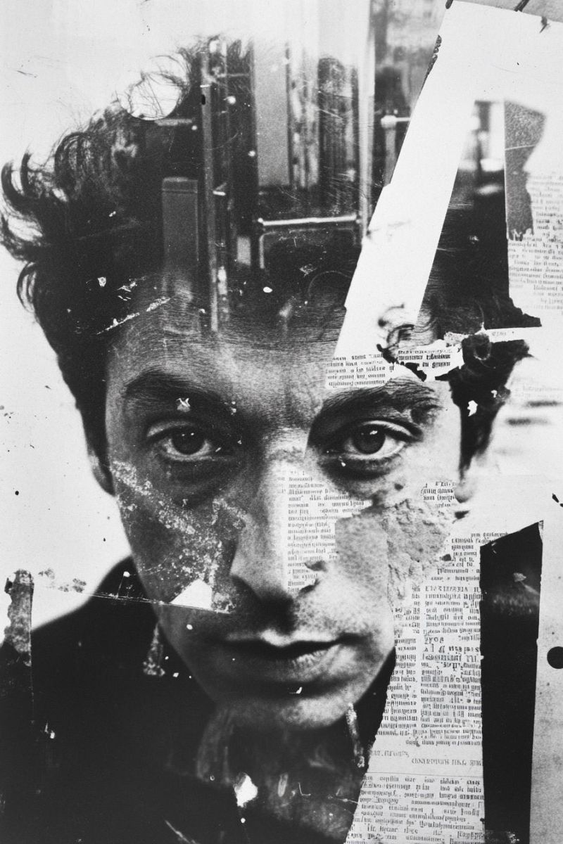 Collage man expression emotion texture paper creative visual design composition graphic A black and white portrait of a man's face is collaged with newspaper clippings. The man's face is partially obscured by the newspaper, with his eyes, nose, and mouth visible. The newspaper clippings are scattered across his face, and some of them are torn. The man's hair is messy, and it appears to be a close-up shot. The background is blurry, and it seems to be a street with buildings and a traffic light.