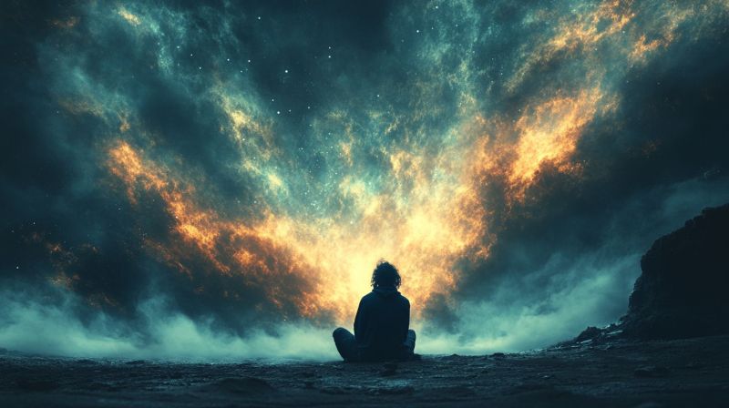 Cosmique science fiction imaginaire fantastique espaces temps astronomie cosmologie citation inspirante astrophotographie nebu L'oeuvre d'art numérique représentant une personne assise en méditation ou en réflexion profonde est entourée de motifs abstraits et nébuleux qui ressemblent à des corps célestes ou à des nuages. Le paysage cosmique vif avec des étoiles et des galaxies derrière la figure transmet un sentiment de largeur. L'oeuvre d'art a une qualité surnaturelle ou extra-terrestre, souvent retrouvée dans l'art thématique de science-fiction ou de fantasy.