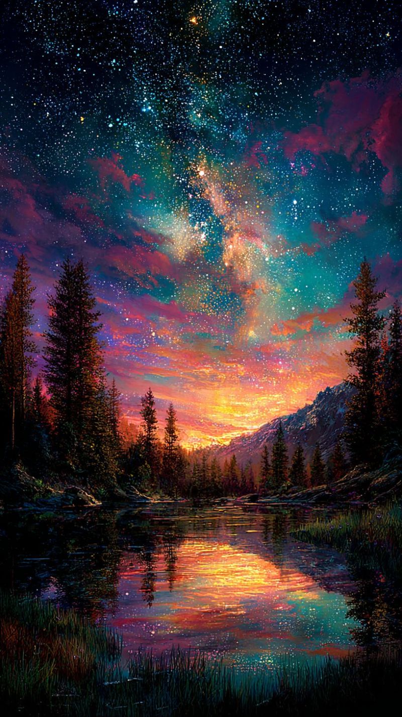 Nuit ciel etoiles arbres lac montagnes reflet coucher soleil nuages eau foret nature soiree obscurite beaute Paysage serein au coucher ou au lever du soleil. Le ciel est un mélange vibrant de violets profonds, d'oranges et de roses, avec quelques étoiles éparses et une galaxie de la Voie Lactée bien visible. Au premier plan se trouve un calme plan d'eau, reflétant les couleurs du ciel et des arbres environnants. De grands arbres verts foncés bordent les rives de l'eau, avec une silhouette de montagnes en arrière-plan. La scène est paisible et remplie de beauté naturelle, capturant l'essence d'un moment tranquille dans la nature.
