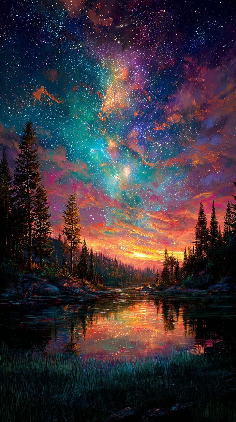 Etoiles coucher soleil lac arbres reflet montagnes nuages ciel eau nature foret soiree horizon nuit voie lactee Paysage serein au crépuscule. Une rivière calme s'étend sur le premier plan, reflétant les couleurs vibrantes du ciel. Le ciel est un mélange époustouflant de violets, de roses et de bleus, avec des traînées de jaune et d'orange près de l'horizon, suggérant le soleil couchant. La galaxie de la Voie Lactée est bien visible, avec ses étoiles dispersées dans le ciel, ajoutant une touche magique. Le premier plan est bordé de grands arbres verts persistants, leurs silhouettes contrastant avec le ciel coloré. La scène globale est paisible et enchanteresse, capturant la beauté de la nature au crépuscule.
