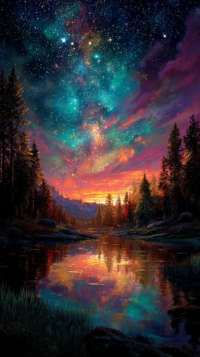 Nuit ciel etoiles arbres lac montagnes reflet coucher soleil nuages foret eau nature soiree sombre Paysage serein et pittoresque au crépuscule. Le ciel est un mélange époustouflant de couleurs, passant des violets et bleus profonds aux oranges et roses chauds, suggérant le début de la nuit. La Voie lactée est bien visible, avec ses étoiles et ses nébuleuses dispersées dans le ciel, ajoutant une touche magique et irréelle. Au premier plan se trouve un lac tranquille, dont la surface reflète les teintes vives du ciel et des arbres environnants. Les arbres, principalement des conifères, sont en silhouette contre le ciel coloré, créant un sentiment de profondeur et de tranquillité. Au loin, une chaîne de montagnes est faiblement visible, ses sommets baignés dans la douce lueur du soleil couchant. La scène globale est paisible et impressionnante, capturant la beauté de la nature au crépuscule.