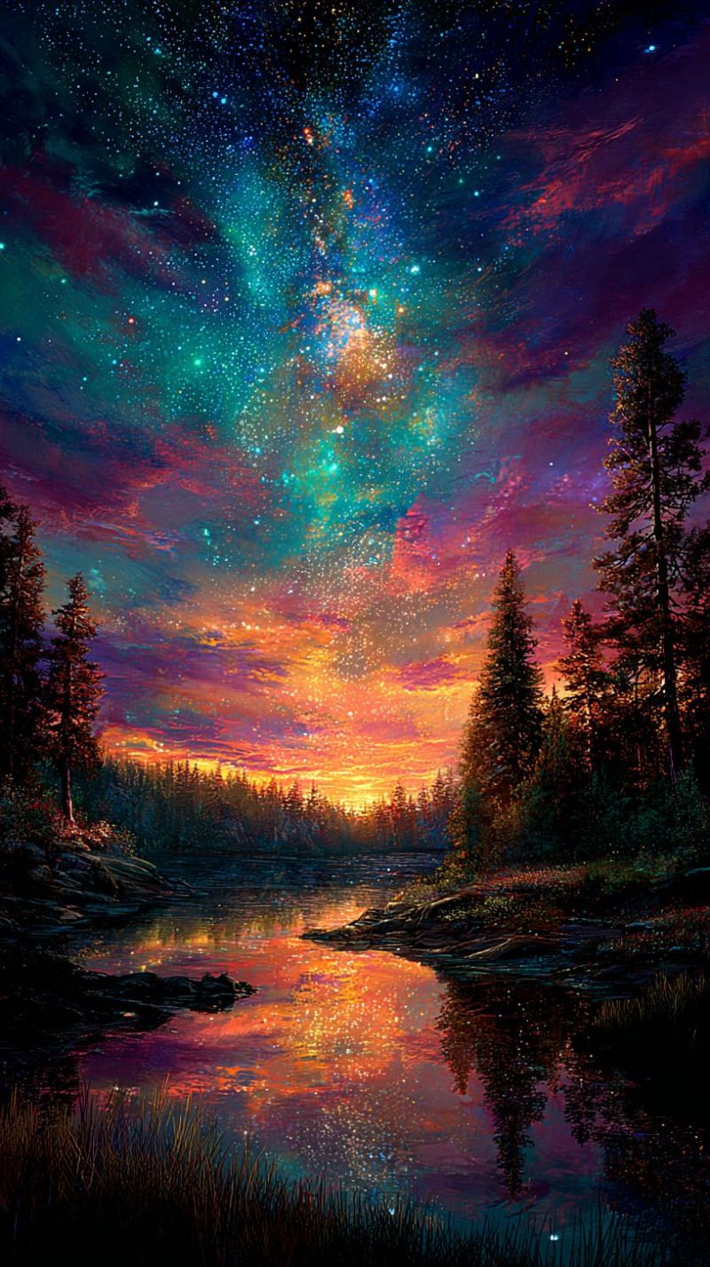Sky night stars sunset lake trees reflection water forest nature clouds horizon mountains evening colorful scenery outdoors milky way serene and picturesque landscape at sunset. The sky is a vibrant canvas of colors, transitioning from deep purples and blues at the top to warm oranges and pinks near the horizon. The Milky Way is prominently displayed, with its stars and cosmic dust creating a magical, starry night. The foreground features a tranquil lake or river, its surface reflecting the colors of the sky and the surrounding trees. The trees are tall and lush, with a mix of evergreens and deciduous trees, their silhouettes adding depth to the scene. The water is calm, with gentle ripples and reflections of the sky and trees. The overall atmosphere is peaceful and awe-inspiring, capturing the beauty of nature at dusk.
