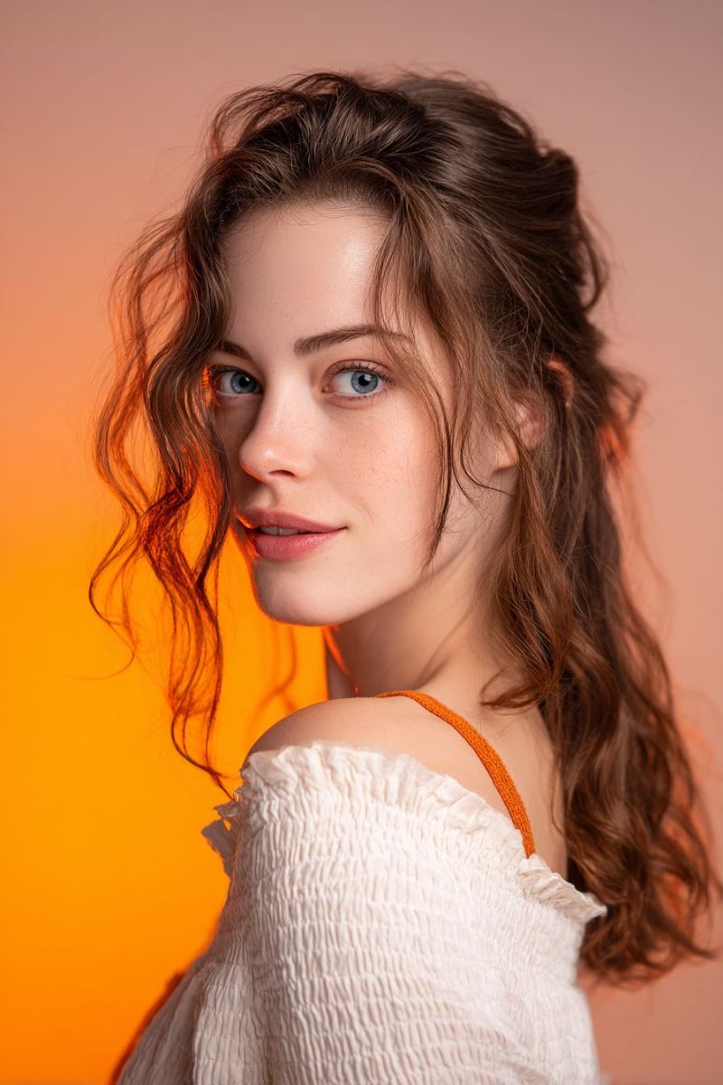Femme sourire oeil coiffure beaute Une femme aux longs cheveux bruns ondulés sourit et regarde directement la caméra. Elle a la peau claire et les yeux bleus. Elle porte un haut blanc à épaules dénudées avec un tissu texturé. L'arrière-plan est un dégradé d'orange et de rose, créant une atmosphère chaleureuse et douce. L'éclairage est chaleureux et met en valeur ses traits, lui donnant un aspect radieux.