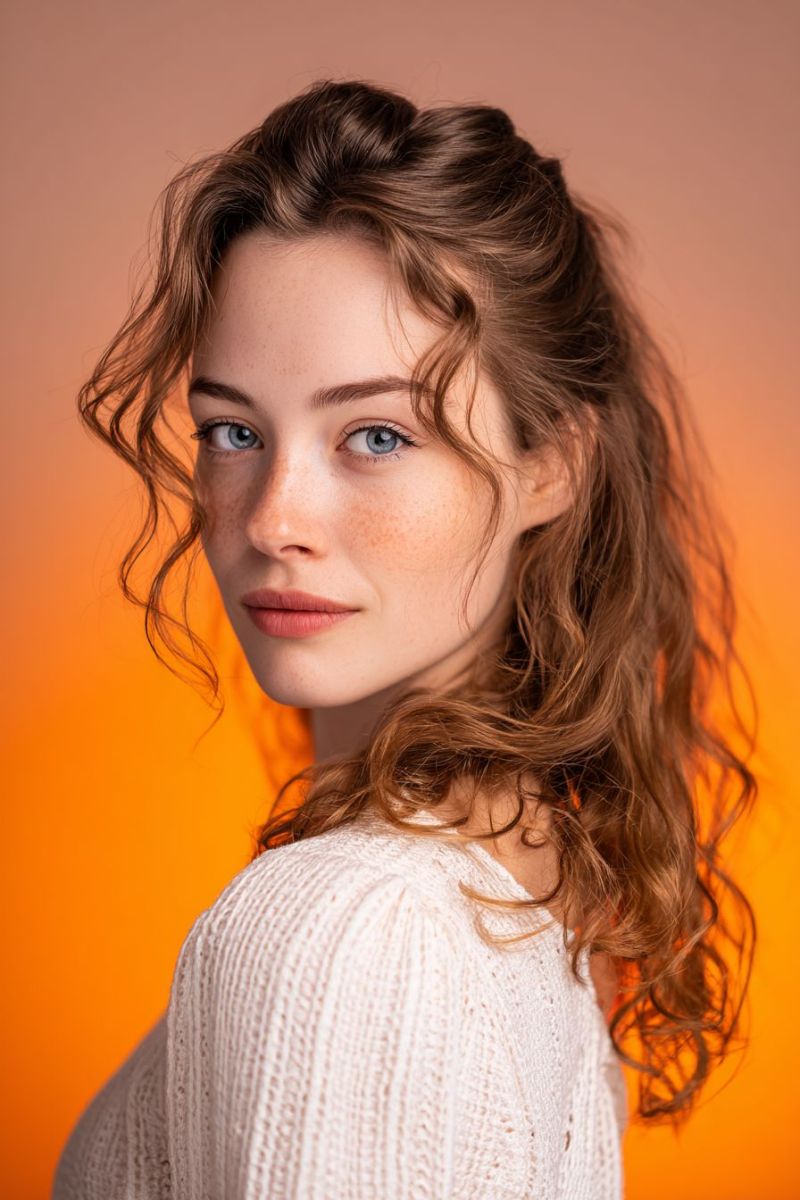 Femme sourire beaute naturel maquillage oeil levre peau taches rousseur boucles Une femme aux cheveux bruns bouclés se tient devant un fond orange. Elle a quelques taches de rousseur sur le visage et porte un haut en maille blanche. Ses cheveux sont coiffés en ondes lâches et tombent autour de ses épaules. Elle regarde directement la caméra avec un léger sourire sur le visage.