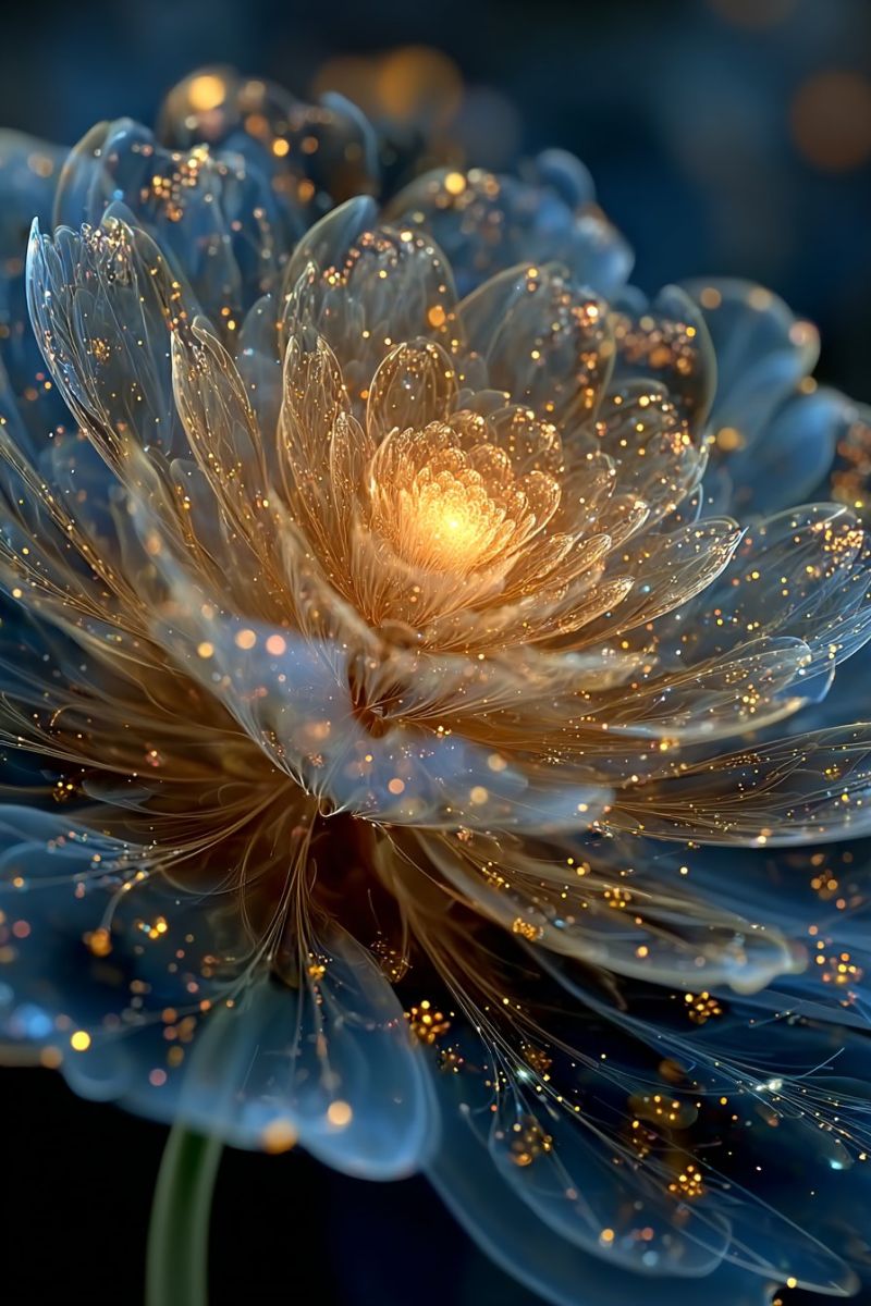 Fleur nature floral design macro texture beaute fantaisie reveur eclat etincelle ethere Un gros plan d'une fleur avec un schéma de couleurs bleu et or. La fleur a une texture translucide, presque comme du verre, avec des détails complexes et un effet scintillant. Les pétales sont superposés et semblent être faits d'un matériau délicat et translucide. Le centre de la fleur est d'une couleur dorée brillante, avec quelques petits points dorés éparpillés autour. Le fond est sombre, avec quelques petits points dorés dispersés.