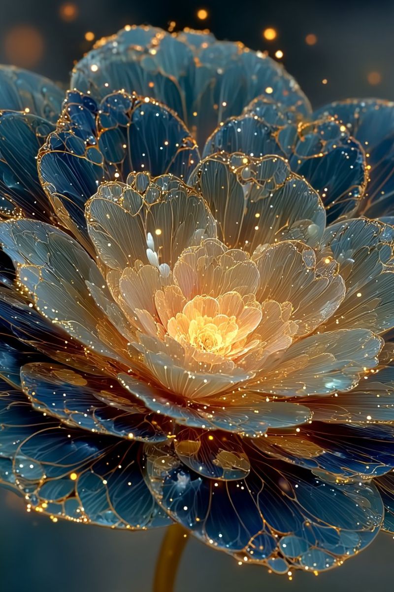 Fleur bleu design nature petale eau etincelle lueur texture Un gros plan d'une grande fleur complexe avec un schéma de couleurs bleu profond et or. La fleur a plusieurs couches de pétales, chacune avec une nuance légèrement différente de bleu, créant un effet de dégradé. Les pétales sont ornés de minuscules points dorés étincelants qui ressemblent à des gouttes de rosée ou à de minuscules étoiles. Le centre de la fleur est d'un jaune vif, entouré d'un anneau de pétales jaunes plus clairs. Le fond est sombre, avec quelques lumières faibles et lumineuses qui ajoutent à l'atmosphère éthérée.