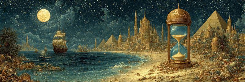 Painting night moon ship sea pyramid castle sand beach water sky stars architecture fantasy desert ancient fantastical scene under a night sky filled with stars. A large, glowing full moon illuminates the scene. In the foreground, there is a golden hourglass with sand trickling down, symbolizing the passage of time. To the left, a ship with billowing sails is sailing on a calm sea. The sea leads to a sandy shore with scattered seashells and rocks. In the middle ground, there is a cityscape with grand, ornate buildings and a pyramid, blending elements of ancient and fantastical architecture. The sky is a deep blue, and the overall atmosphere is serene and timeless.