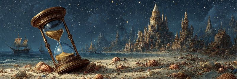 Hourglass plage chateau mer navire nuit ciel etoiles sable coquillages fantaisie architecture nautique vintage temps Un sablier repose sur une plage de sable sous un ciel nocturne étoilé. Le sablier est rempli de sable doré, et ses bulbes en verre sont transparents. La plage est jonchée de diverses coquillages, dont certaines sont grandes et ornées. En arrière-plan, il y a une silhouette d'une ville avec des bâtiments hauts et complexes et des flèches, peut-être un château ou une forteresse. La ville est placée contre un ciel sombre et nuageux. Au loin, des navires naviguent sur la mer, l'un d'eux ayant un mât haut et des voiles. La scène globale a une atmosphère mystique et quelque peu mélancolique.