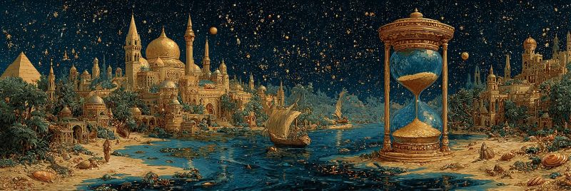 Ville nuit ciel etoiles lune eau bateau sable desert pyramide architecture fantaisie reflet arbres batiments Un paysage urbain fantastique se détache sur un ciel nocturne sombre et étoilé. Au premier plan, il y a un grand sablier au sable doré, debout sur un rivage sablonneux. Le sablier est conçu de manière complexe avec des motifs ornés. À gauche du sablier, il y a une rivière ou une mer avec quelques voiliers qui y naviguent. Le paysage urbain derrière le sablier est un mélange d'architecture antique et futuriste, présentant des dômes dorés, des flèches et des pyramides. Les bâtiments sont ornés de détails complexes et sont entourés d'une végétation luxuriante. Le ciel est rempli d'étoiles, et il y a quelques corps célestes visibles, y compris une lune. La scène globale a une qualité surréaliste et onirique, combinant des éléments d'histoire ancienne avec un design futuriste.